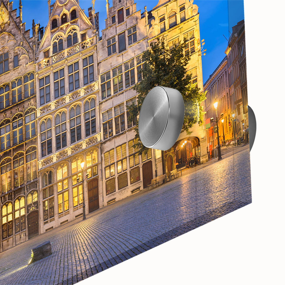 Mid-century modernist abstract depiction of a European landscape in muted earth tones on a large acrylic glass.