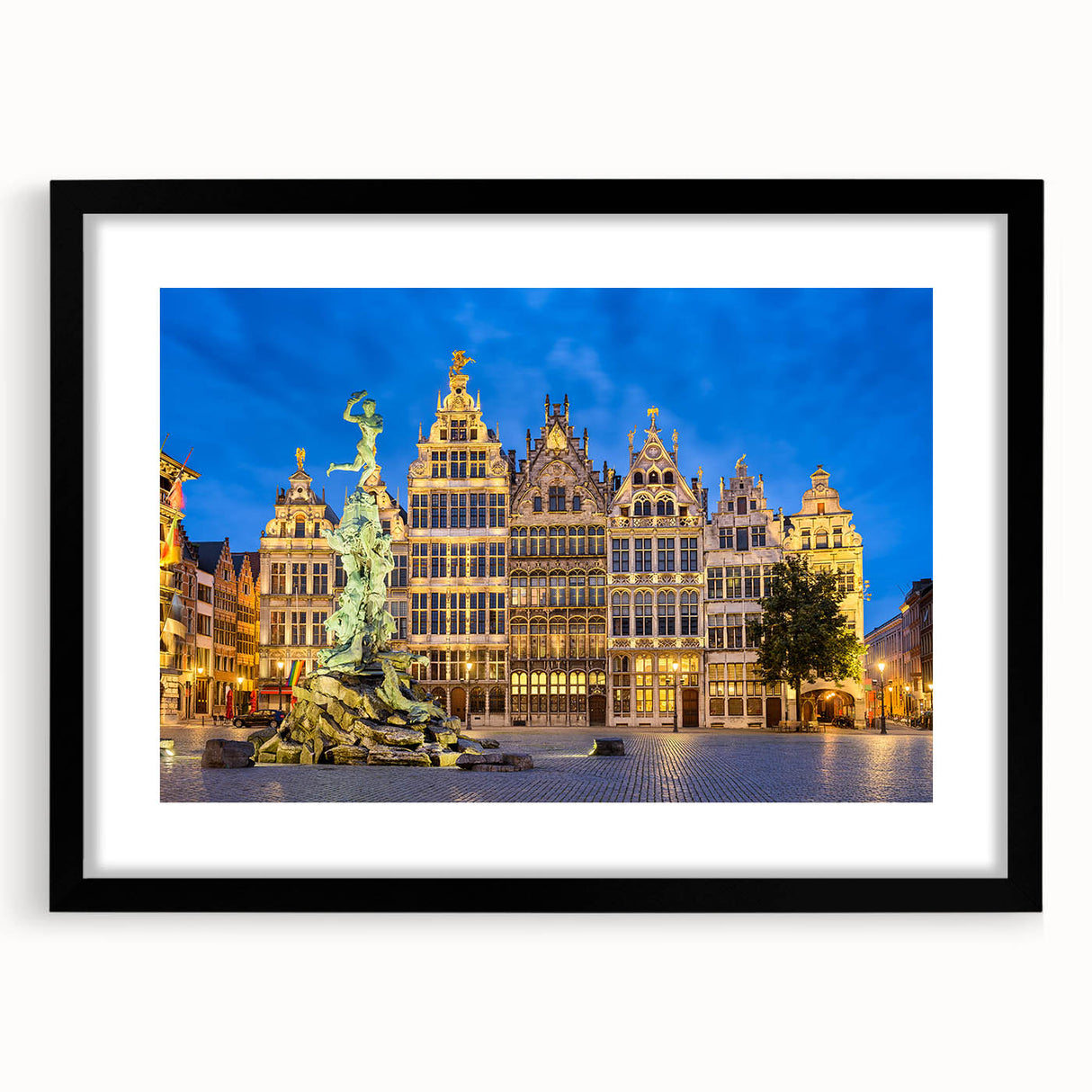 Extra large abstract art print featuring a colorful textured depiction of a European scenery, framed in black.