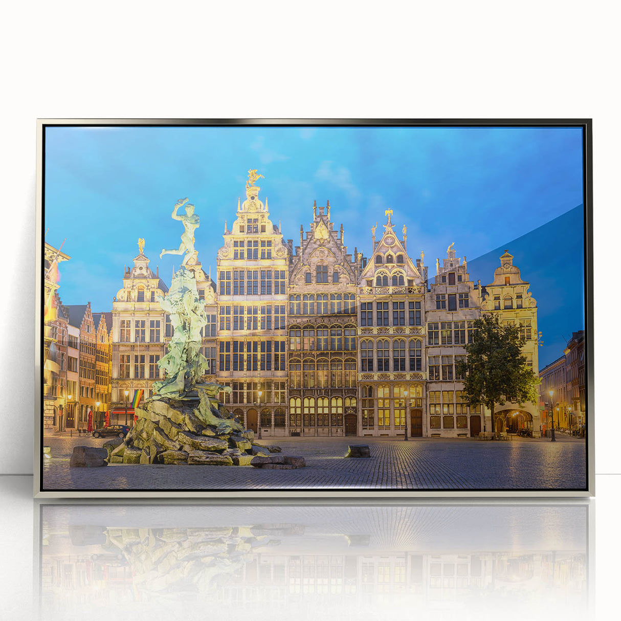 Large art print of a European Belgian landscape in muted earth tones on a silver-framed acrylic.