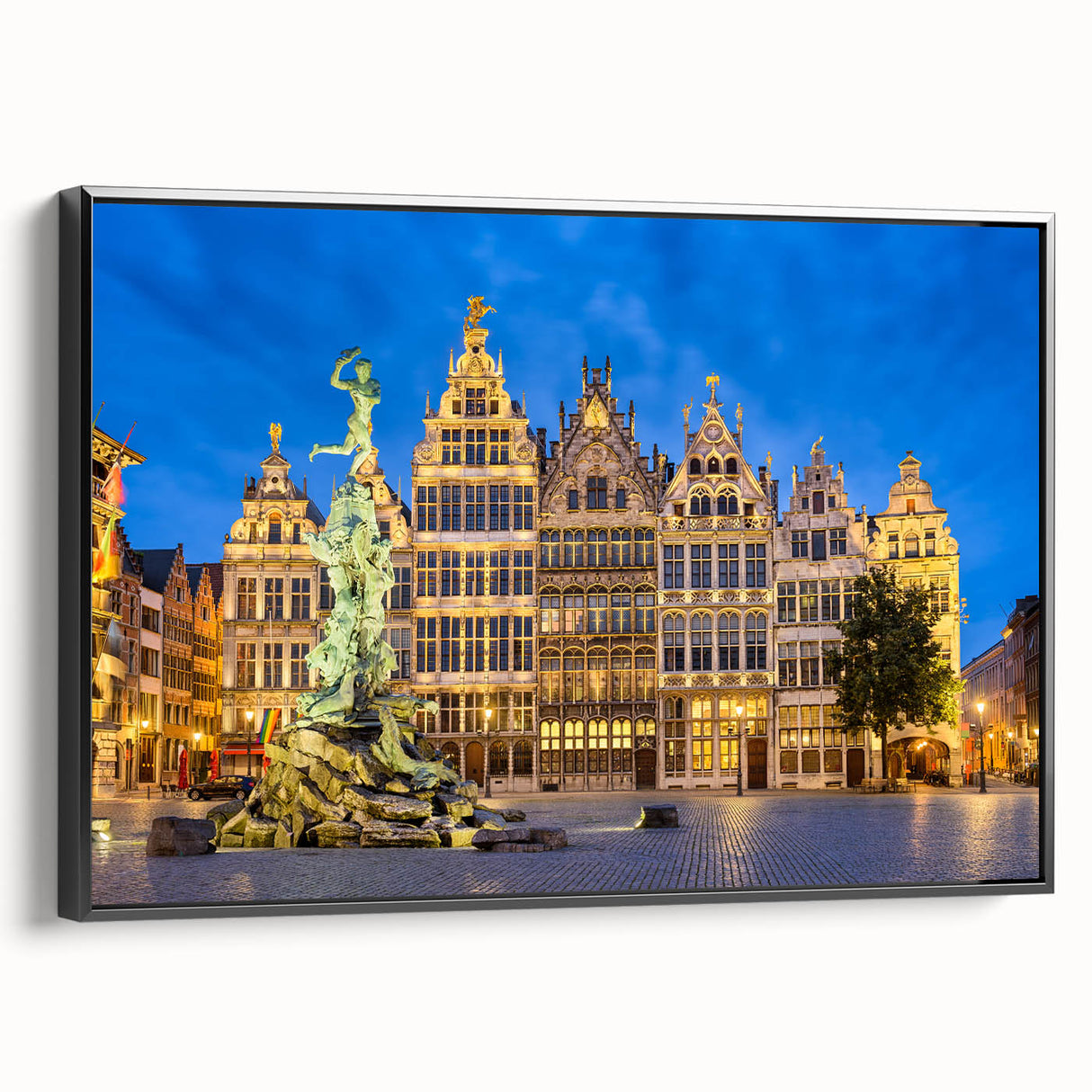 Black and white framed canvas of a vintage European landscape, ideal for bedroom decor.