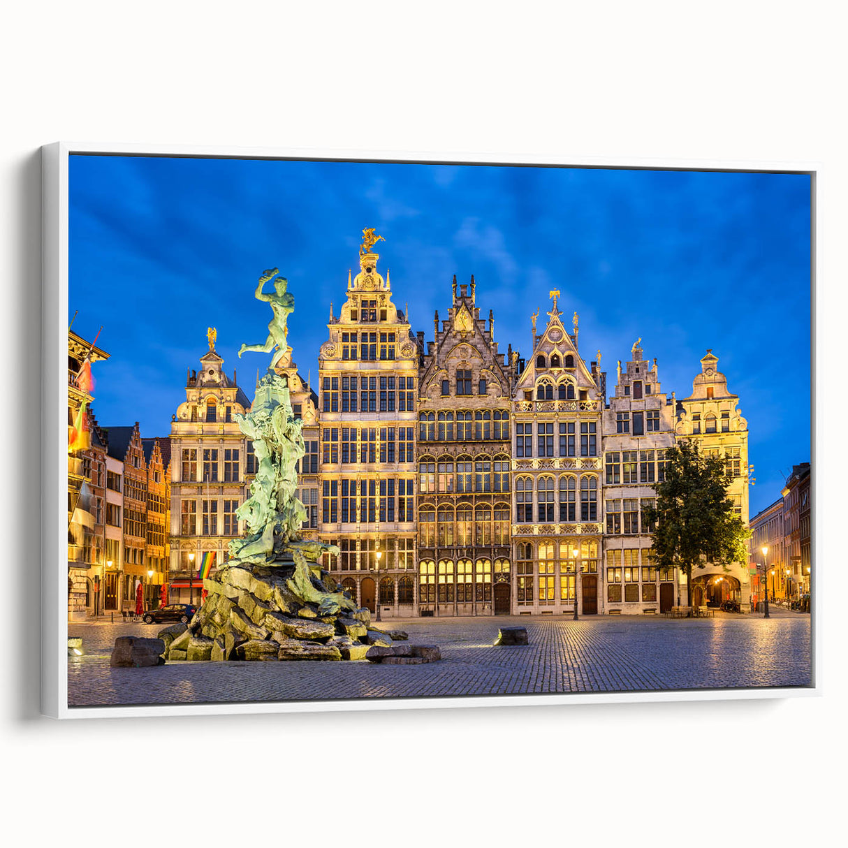 Vintage poster art of a scenic European landscape in vibrant colors on a large framed canvas, ideal for living room decor.