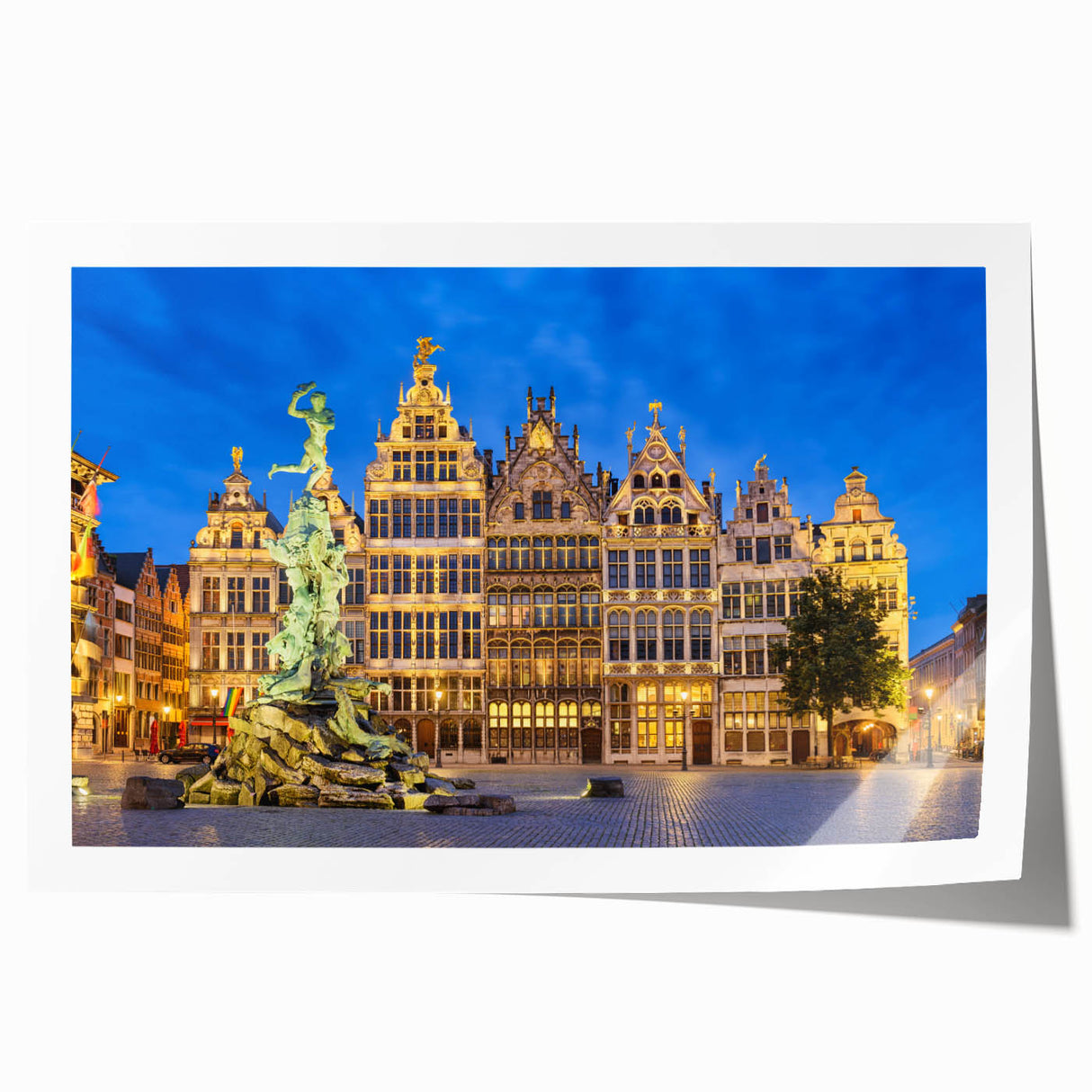 Extra large rolled print of a European scenery with vibrant floral elements, ideal for art wall dining room.