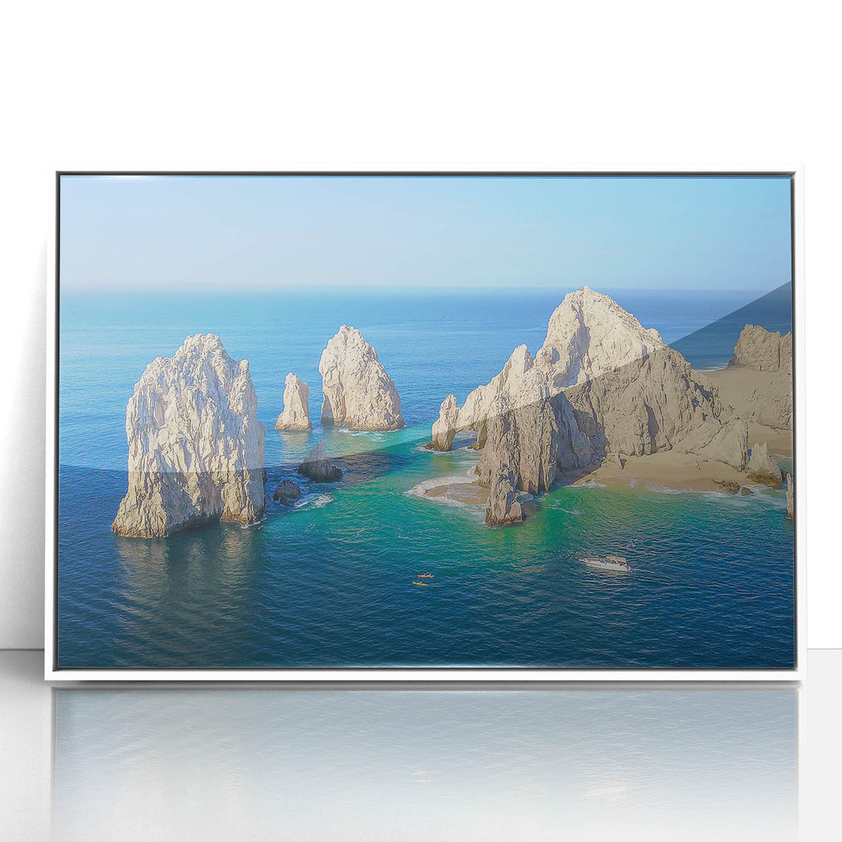 Acrylic print of Cabo San Lucas scenery in muted earth tones, framed in white, suitable for modern art wall decor.