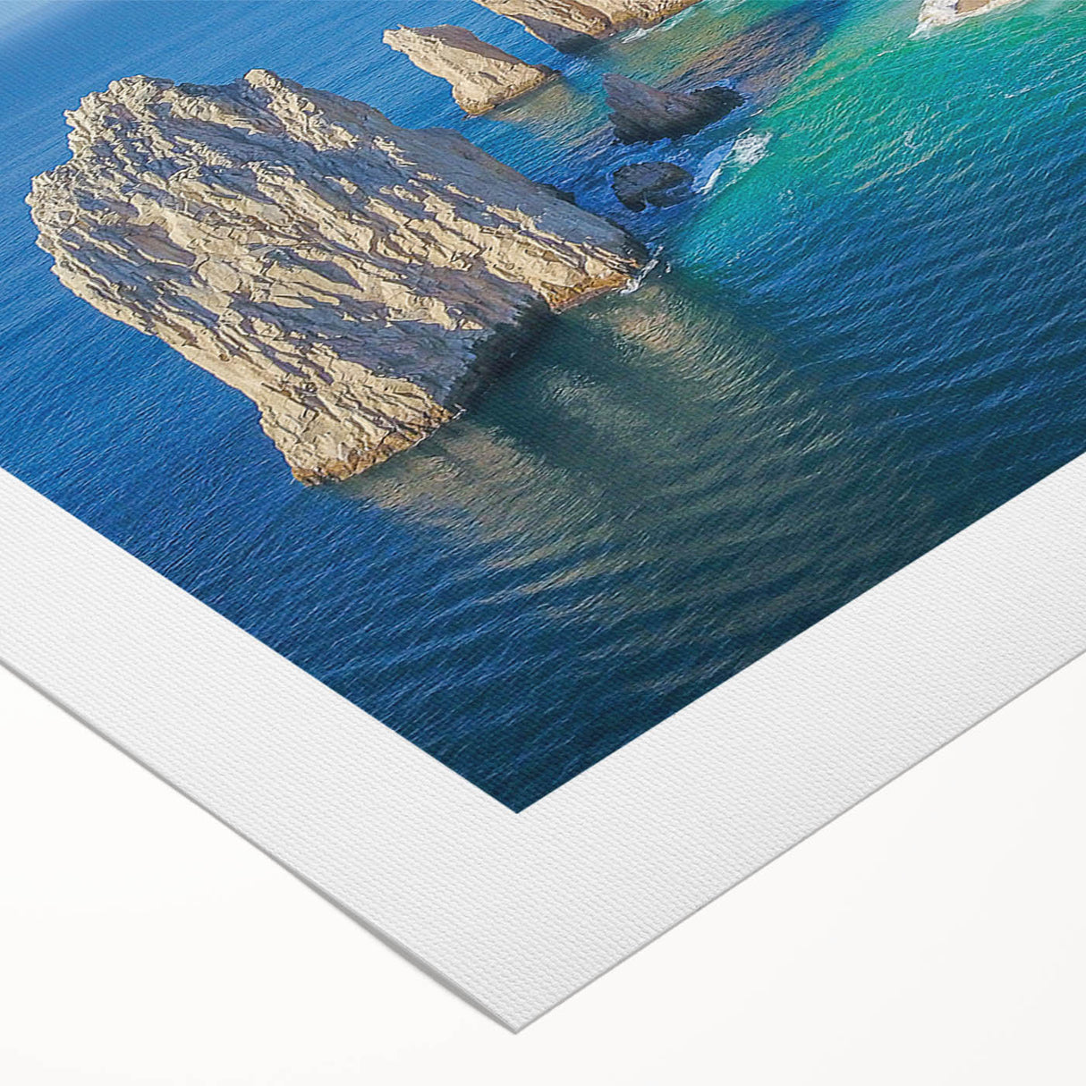 Art deco poster of Cabo San Lucas scenery in muted blue and beige tones on rolled canvas, suitable for dining room wall art.