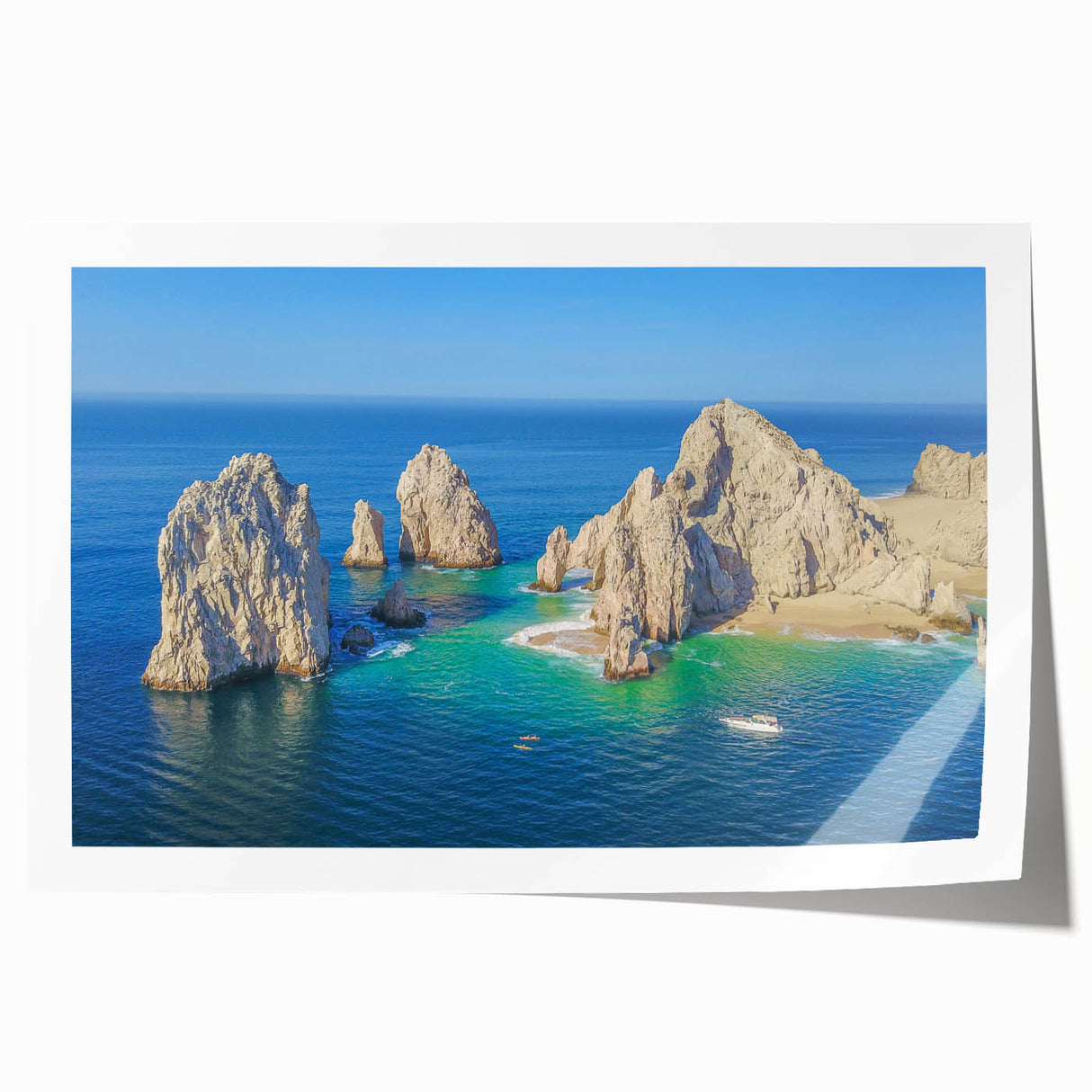 Extra large rolled print of Cabo San Lucas scenery with vivid blue ocean and sky, ideal for art wall dining room.