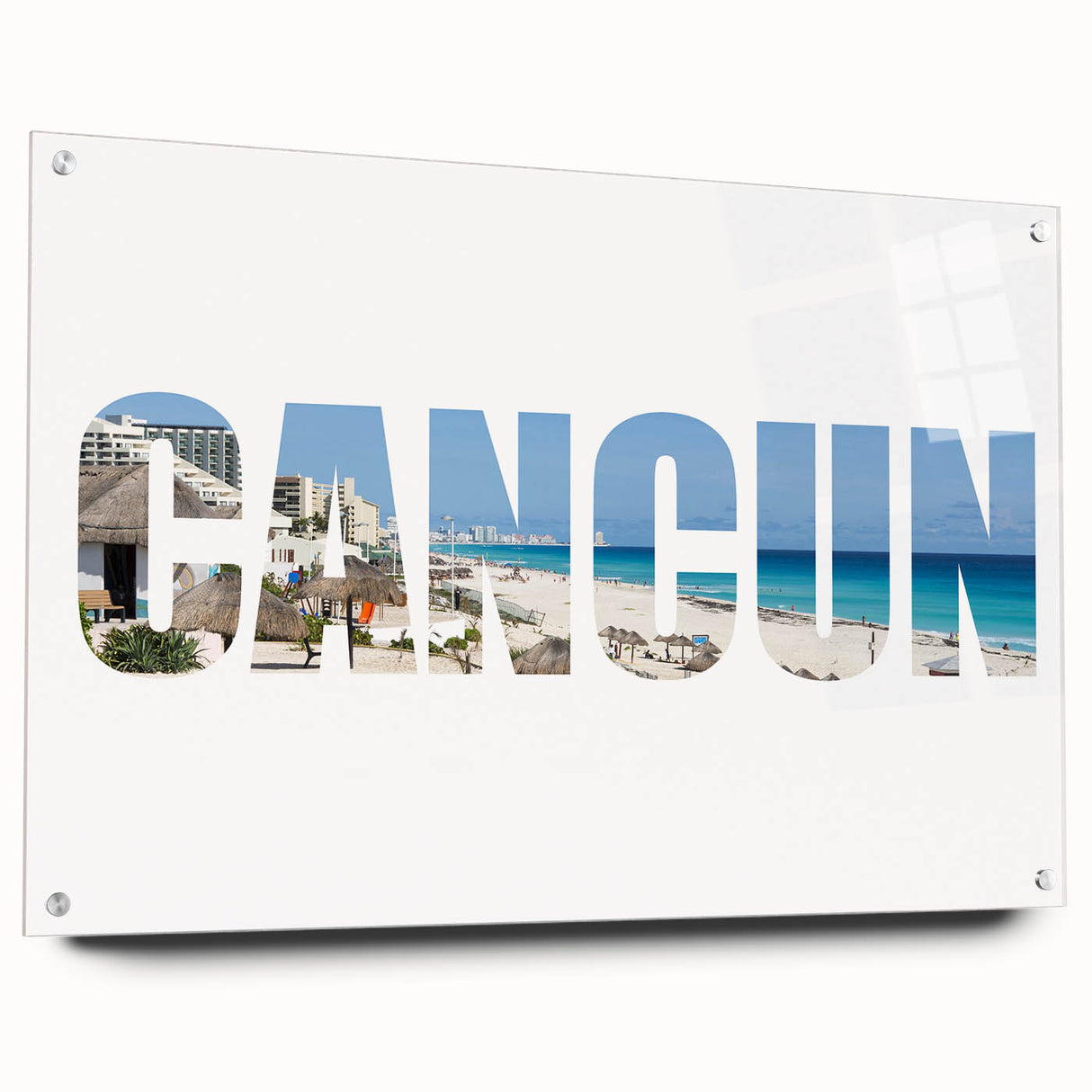 Acrylic print of Cancun scenery with vibrant blue and green tones, ideal for modern dining room decor.