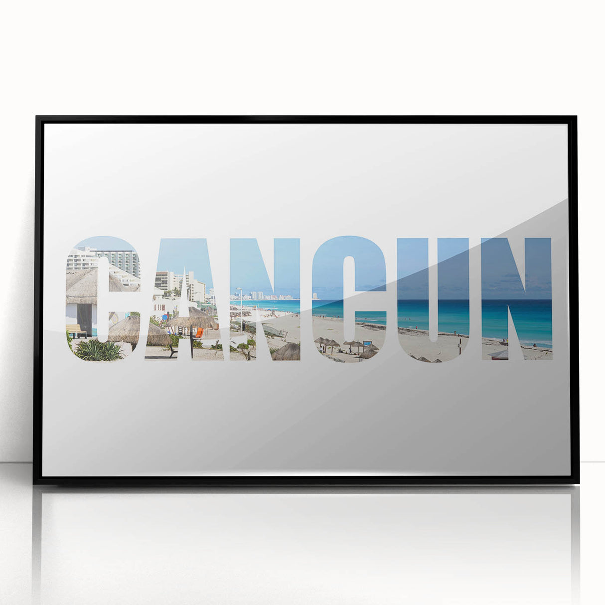 Large abstract wall art depicting Cancun scenery in vibrant hues on a framed acrylic, suitable for modern art wall decor.
