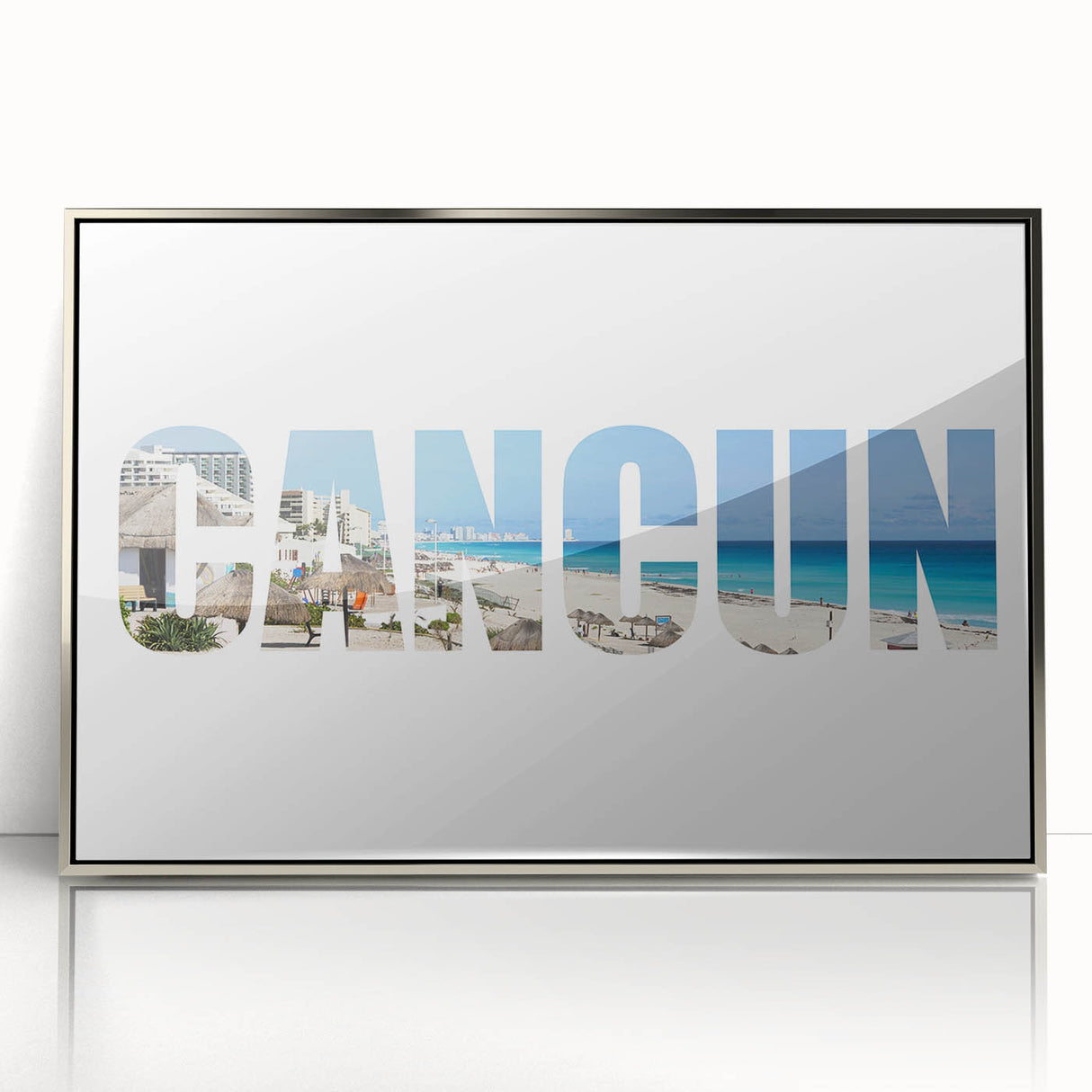 Mid-century modernist art depicting the Cancun scenery in silver-framed acrylic, featuring vibrant hues.