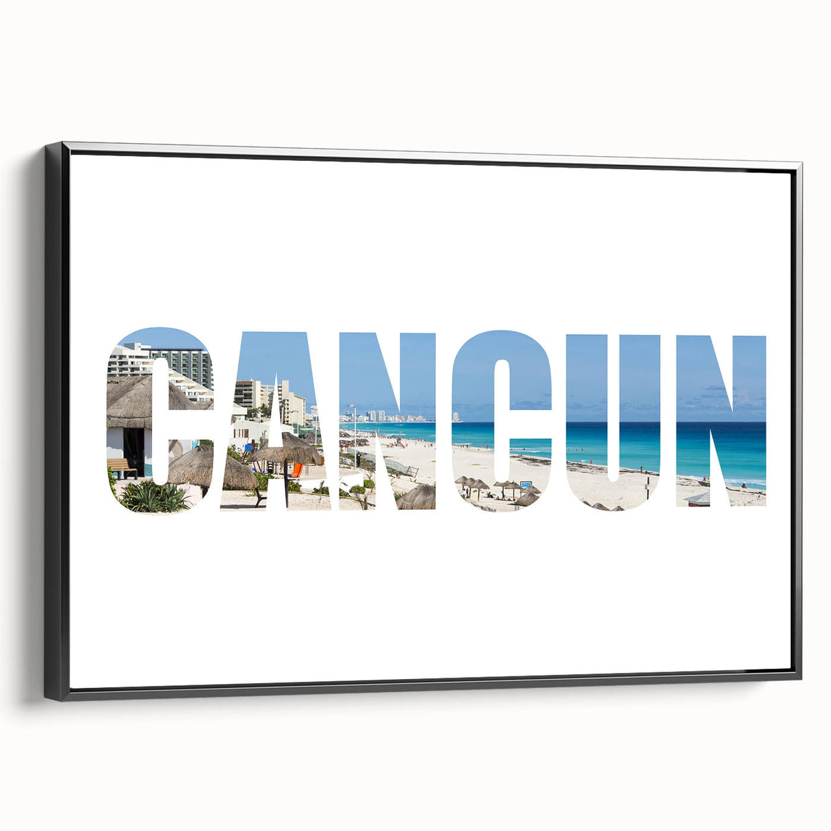Black and white framed canvas of Cancun landscape, vintage poster style, ideal for bedroom wall art.
