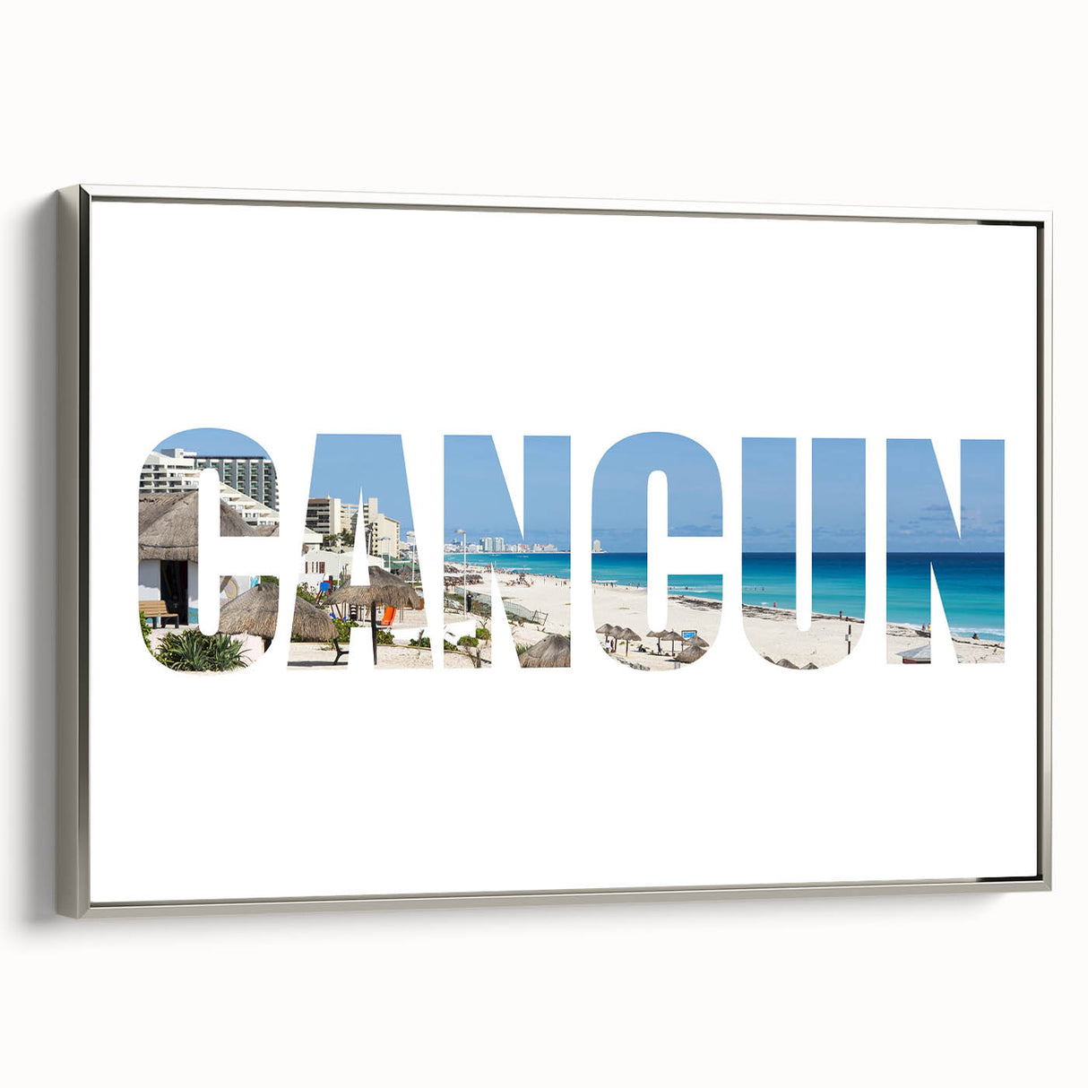 Framed canvas depicting a vintage-style landscape of Cancun with vibrant colors and black borders.