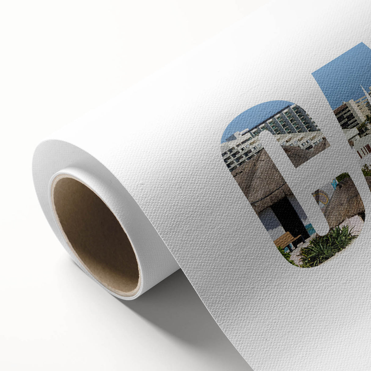 Art deco poster of Cancun scenery in pastel shades on rolled canvas, ideal for nursery wall art.