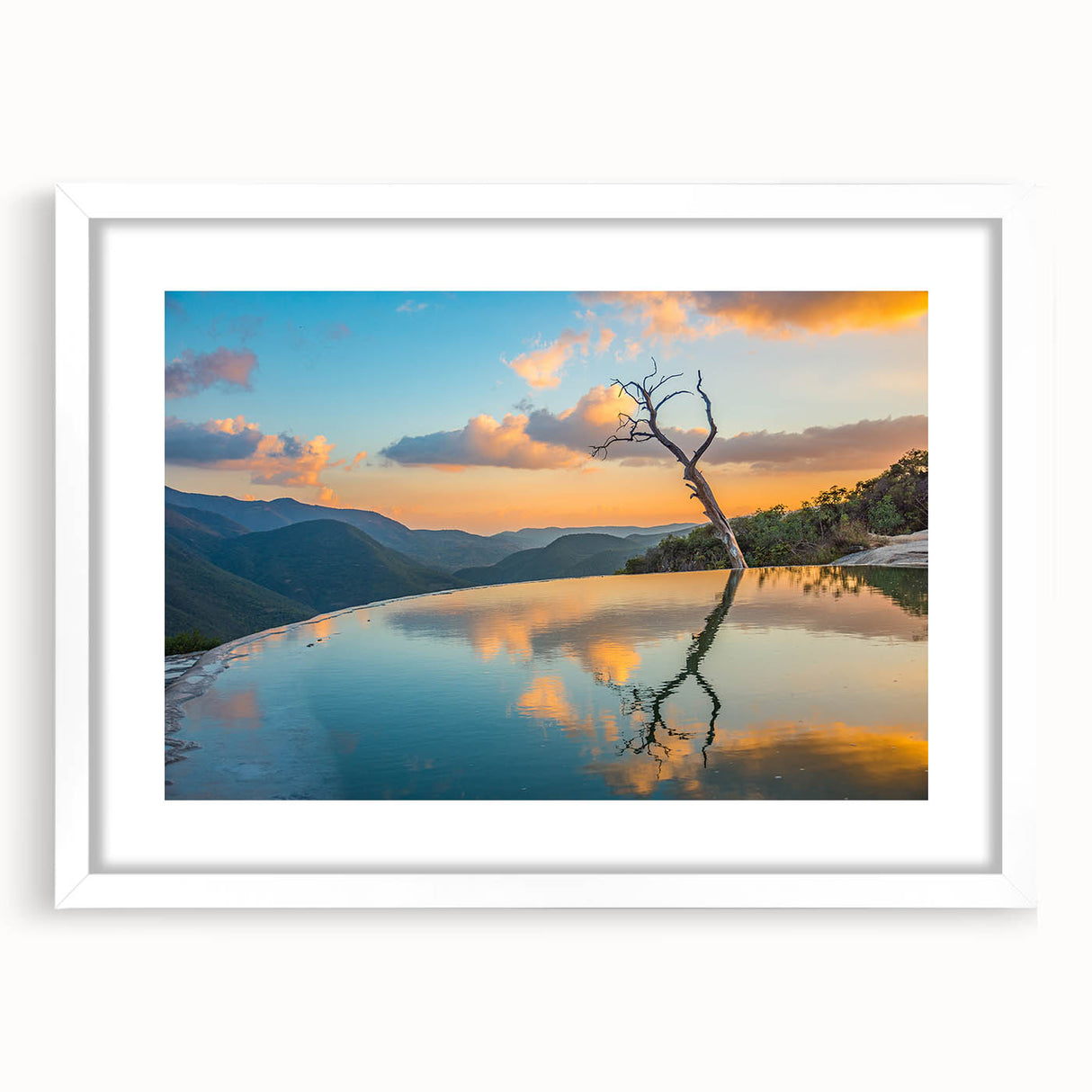 Abstract art print of Oaxaca scenery in muted earth tones on a framed white mat, ideal for dining room decor.