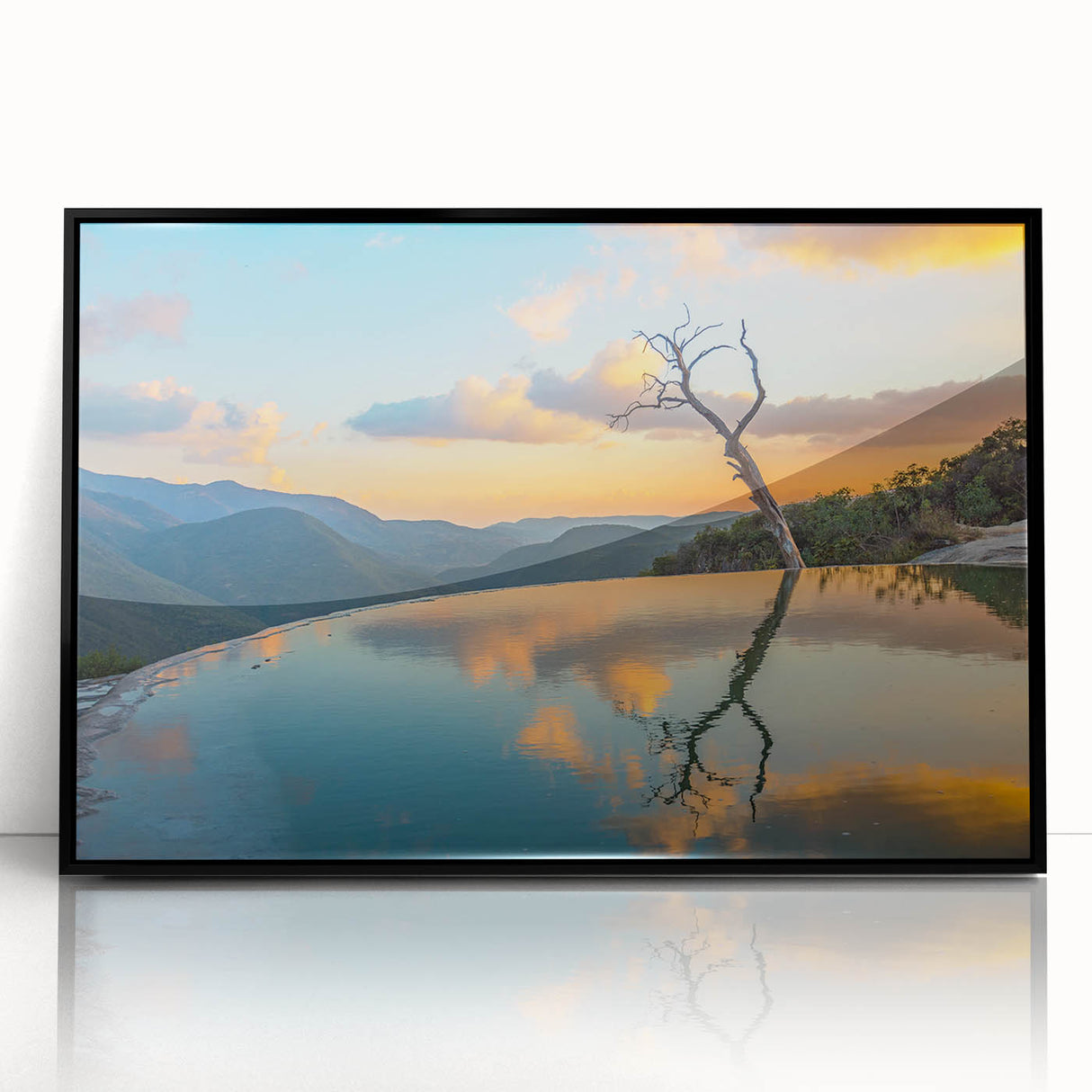 Large abstract wall art depicting vibrant Oaxaca scenery in mid-century modernist style, framed in black acrylic.