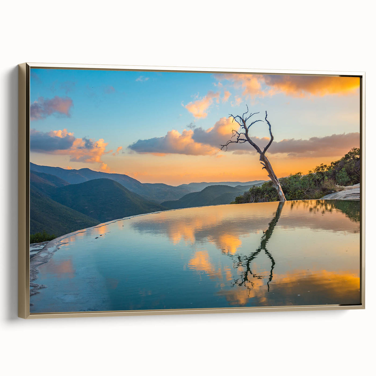 Framed canvas of a vintage-style landscape painting of Oaxaca, featuring muted earth tones, ideal for bedroom wall art.