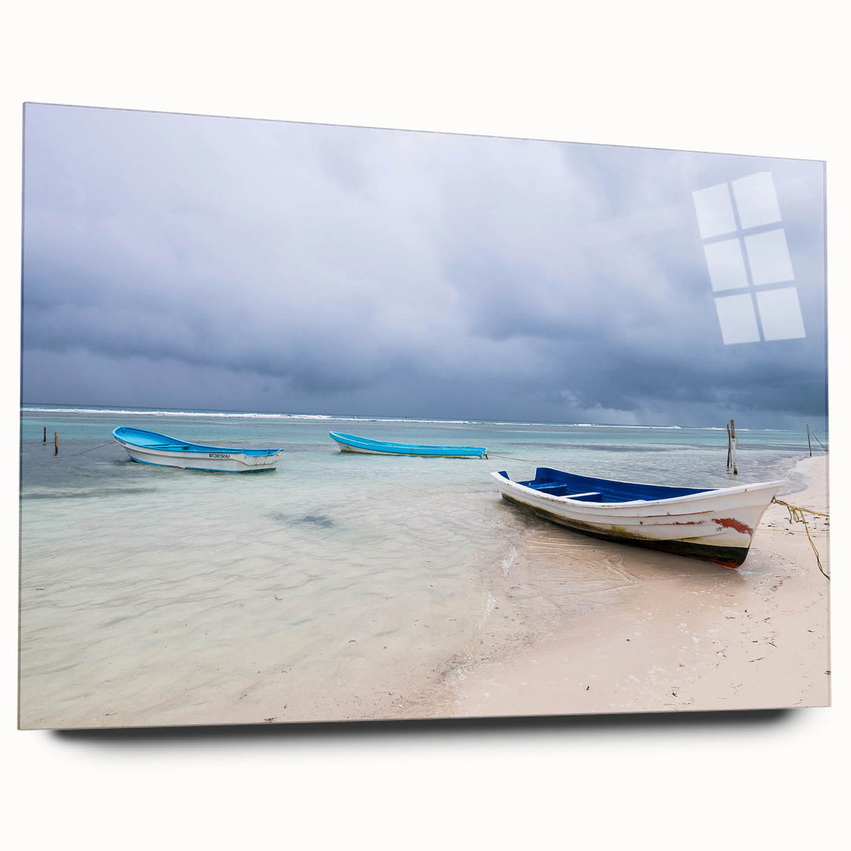 Large abstract acrylic print of Yucatan scenery in vibrant green and blue tones, ideal for bedroom or dining room art.