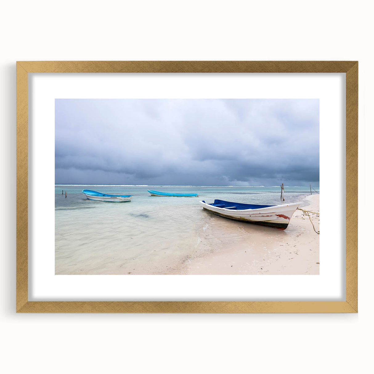 Abstract art print of Yucatan scenery in textured gold frame, ideal for extra large wall art in living rooms.
