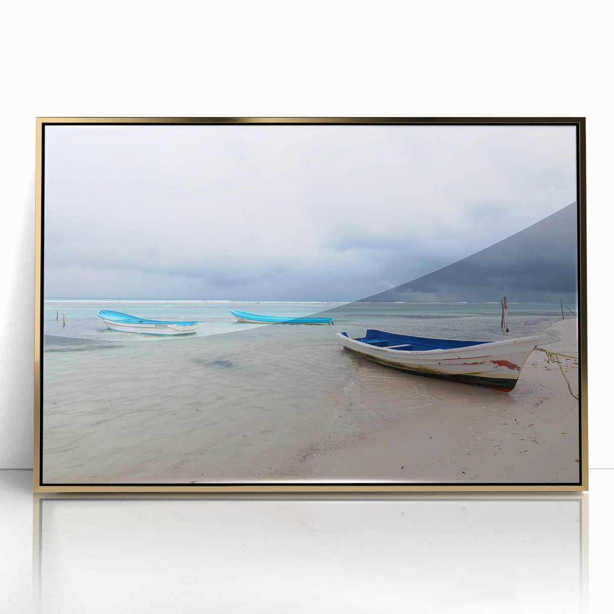 Large acrylic print of a mid-century modernist Yucatan scenery in gold frame, suitable for modern art wall decor.