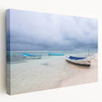 Large stretched canvas depicting a serene Yucatan scenery in muted green and blue tones, ideal for kitchen wall art.