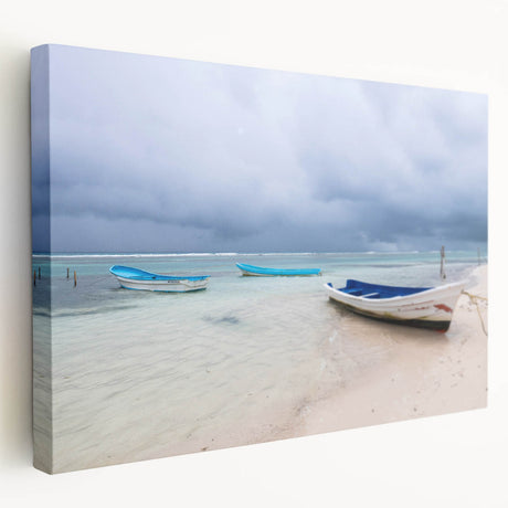 Large stretched canvas depicting a serene Yucatan scenery in muted green and blue tones, ideal for kitchen wall art.