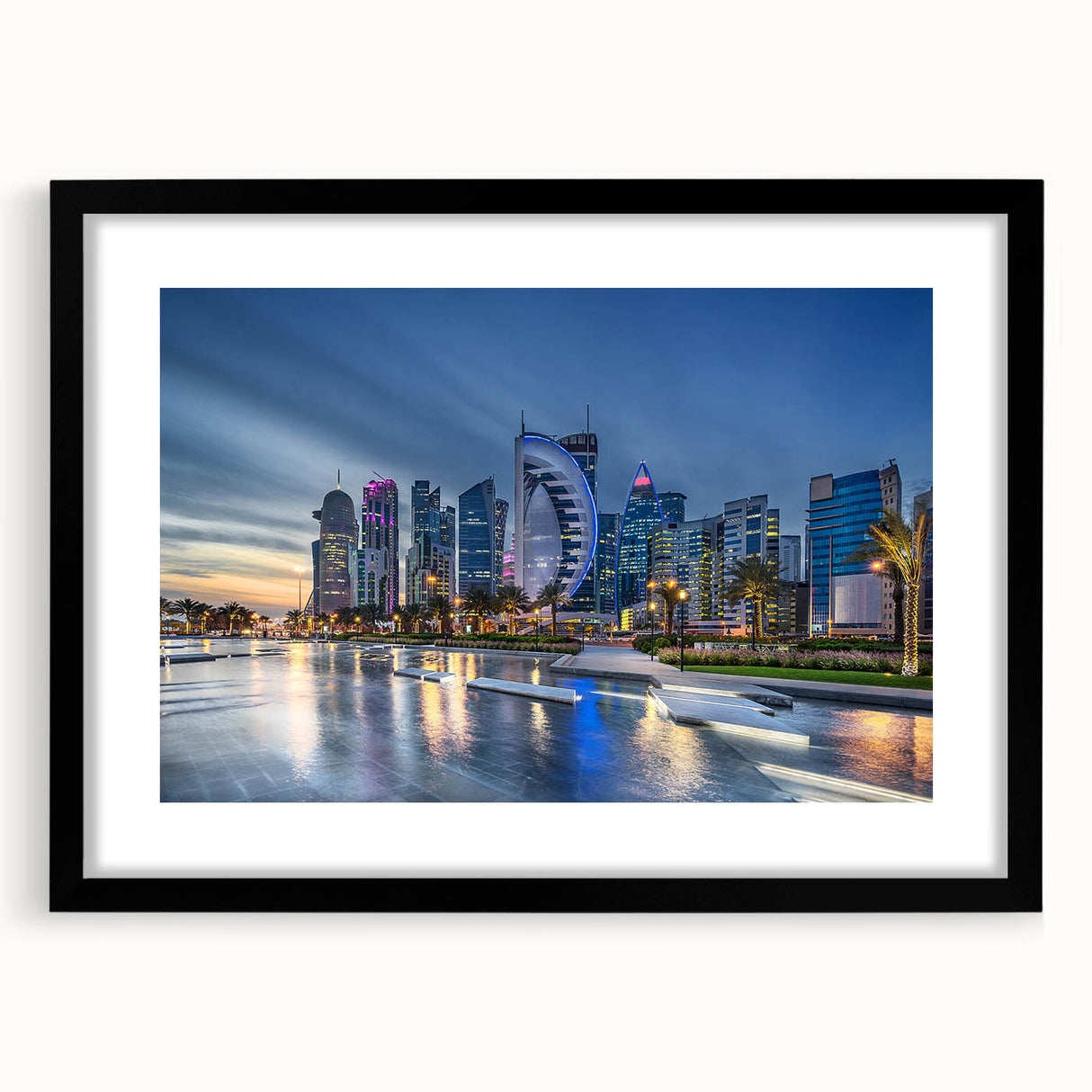 Extra large abstract art print featuring a colorful, textured depiction of a Middle Eastern scenery, framed in black.
