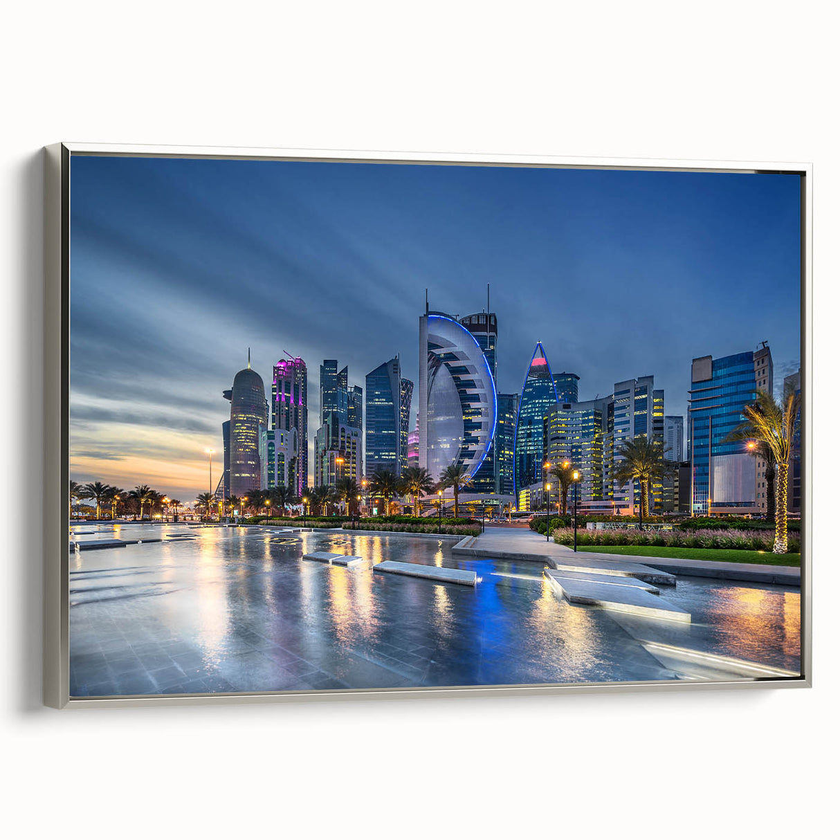 Framed canvas depicting a vintage-style landscape of Qatar, featuring colorful art in a black frame.
