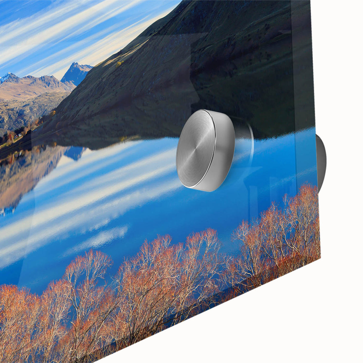 Mid-century modernist acrylic print of abstract Otago, New Zealand scenery in vibrant blue and green tones.
