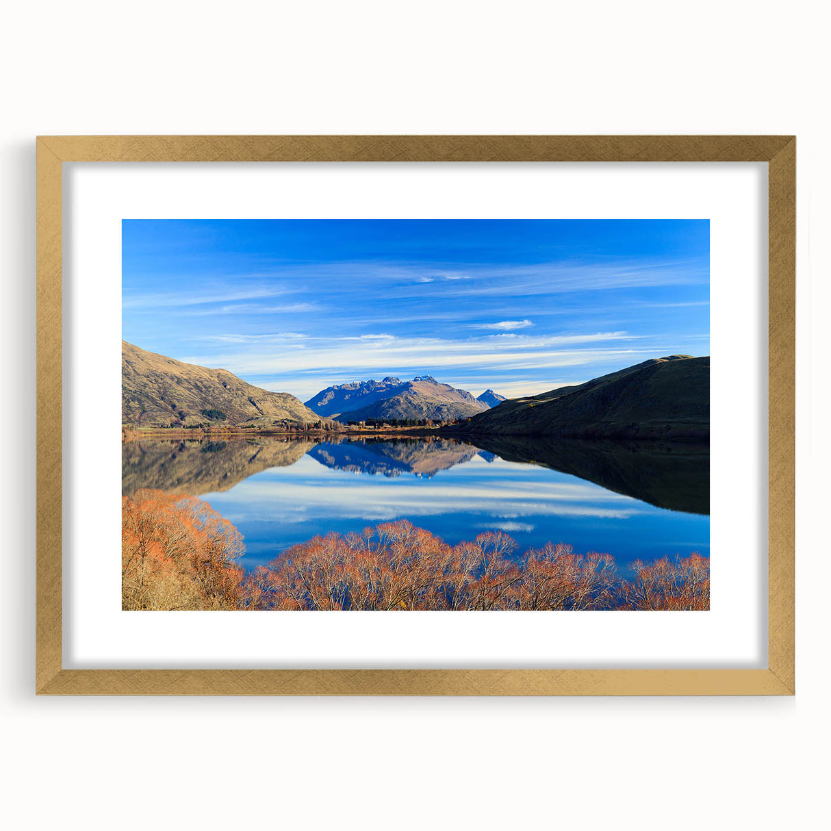 Extra large abstract art print of Otago, New Zealand, featuring textured scenery in muted earth tones, framed in gold.