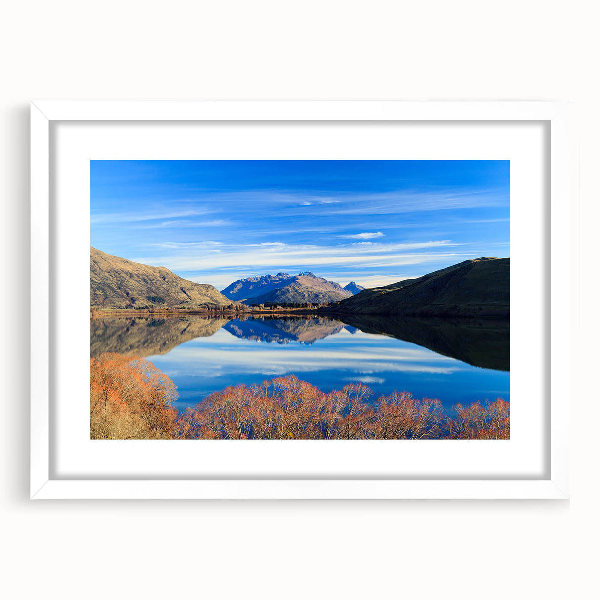 Abstract art print of Otago, New Zealand, in muted blue and green shades on a white-framed canvas.
