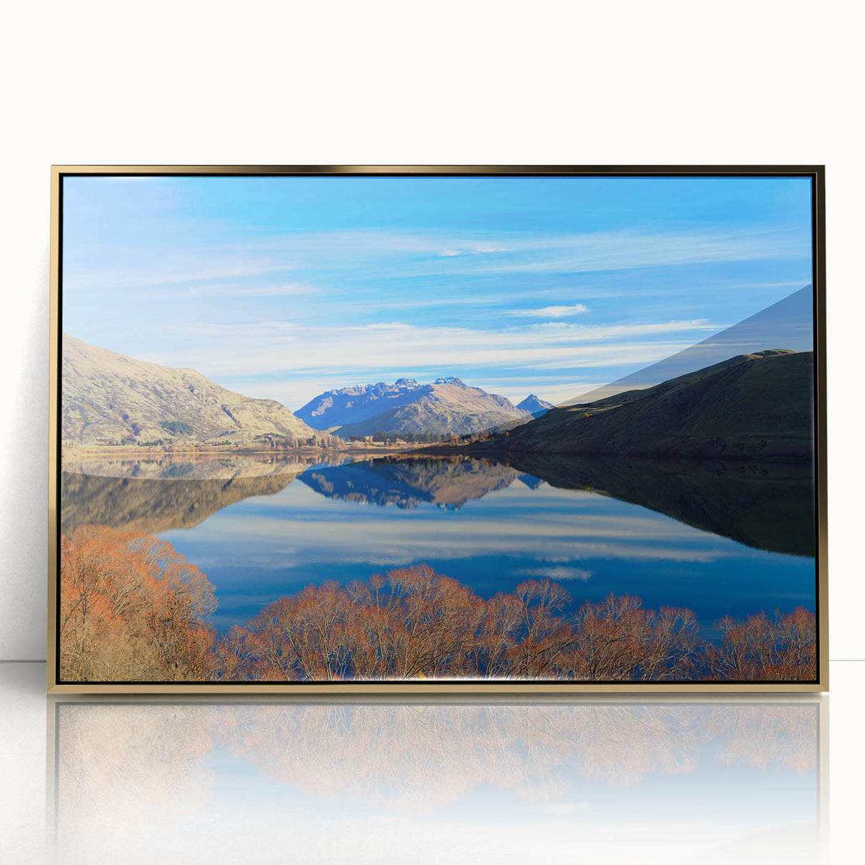 Mid-century modernist art print of Otago, New Zealand scenery in a gold framed acrylic, featuring muted earth tones.