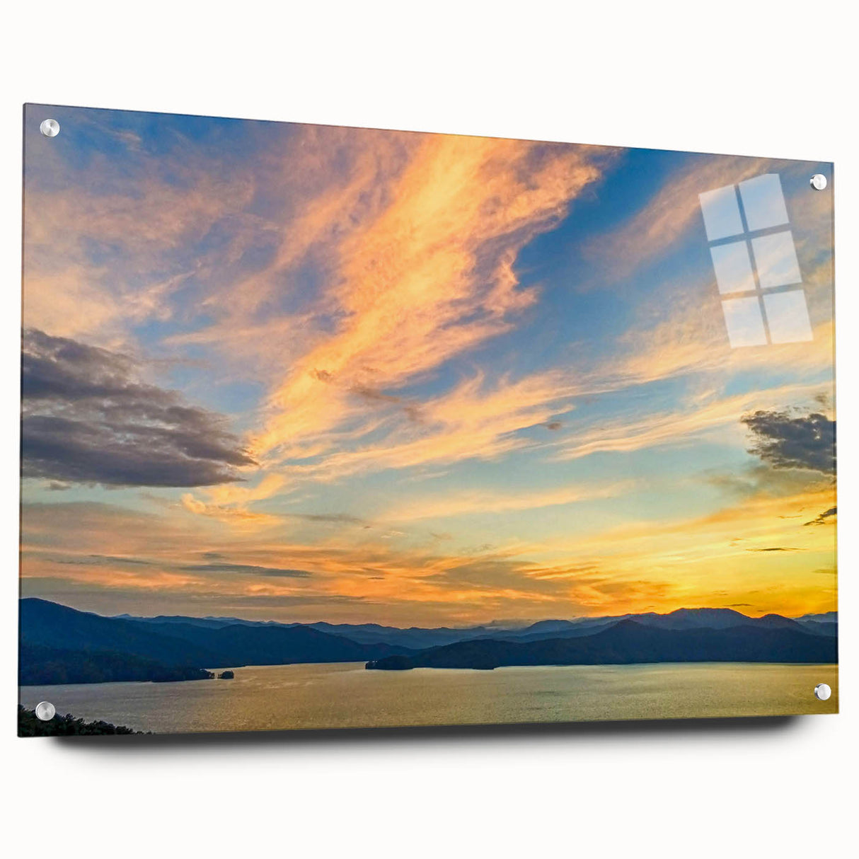 Acrylic print of a large abstract design with vibrant blue and green tones, ideal for dining room decor.