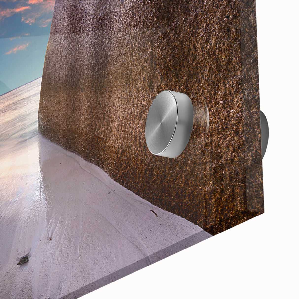 Large abstract wall art depicting Seychelles scenery in muted earth tones on acrylic glass.