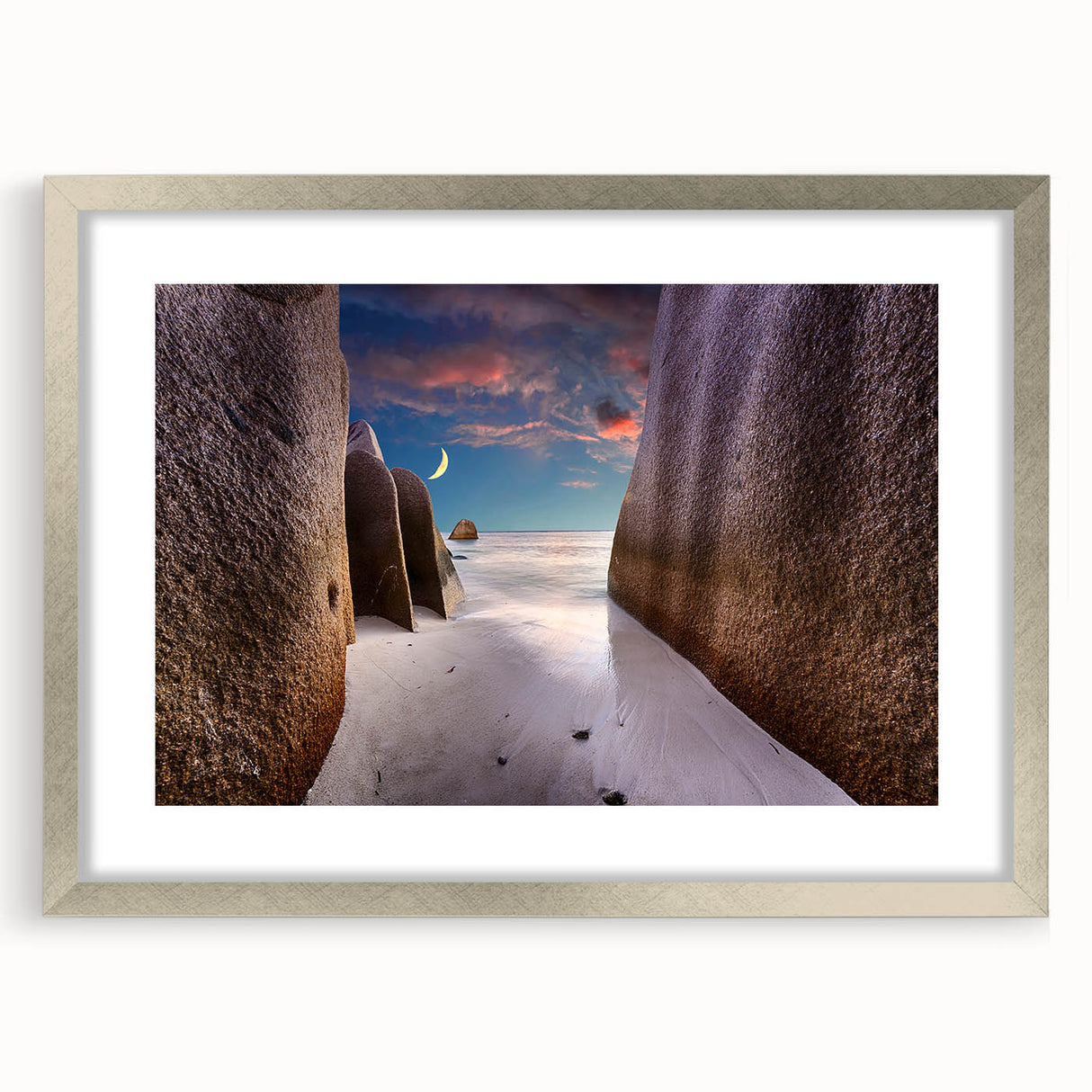 Textured art depicting an abstract Seychelles scenery in muted blue and green tones on a silver-framed mat.