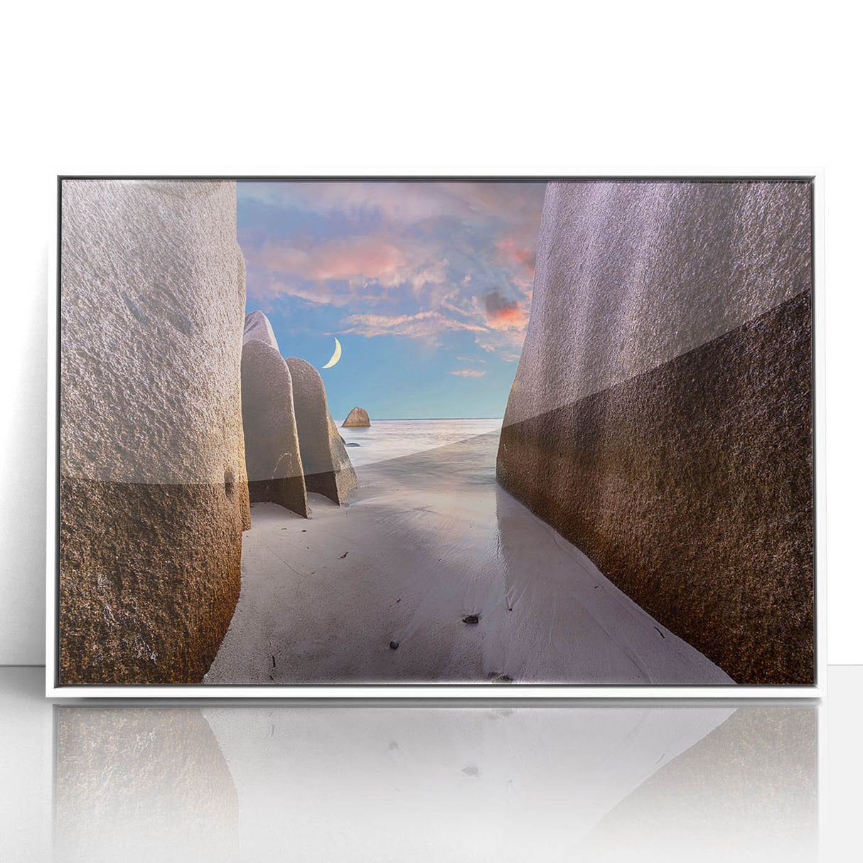 Art deco poster depicting a serene Seychelles landscape in muted blue and green tones, framed acrylic.