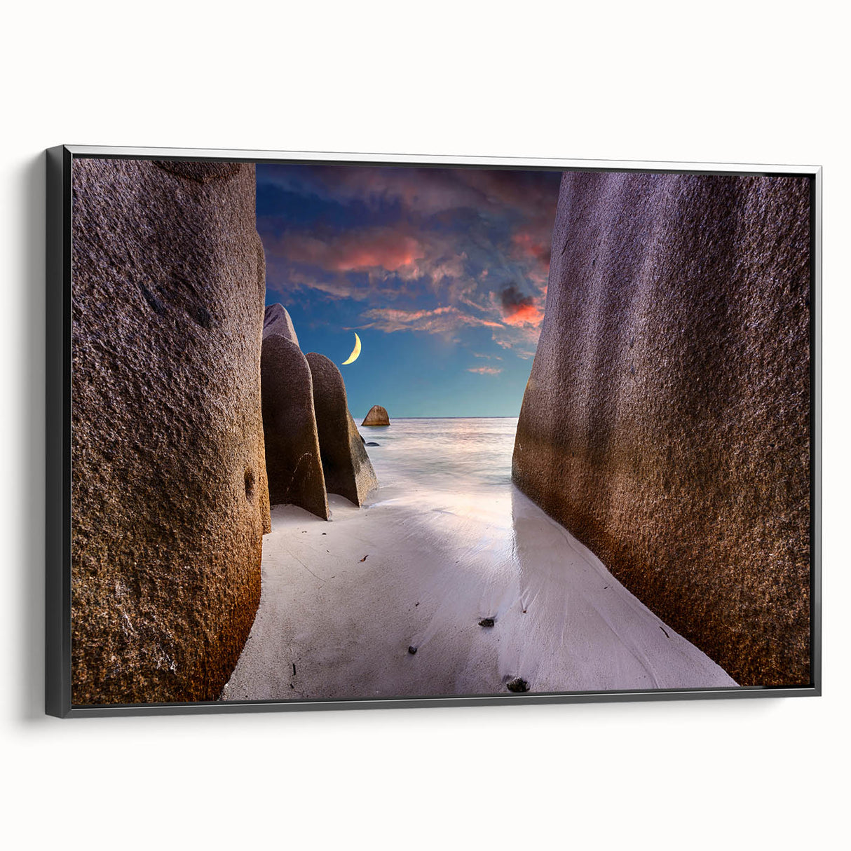 Black and white framed canvas of Seychelles landscape, ideal for bedroom wall art.