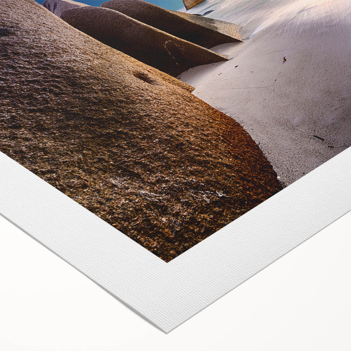 Art deco poster of Seychelles scenery on rolled canvas, featuring muted blue and green tones.