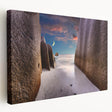 Large stretched canvas depicting a serene Seychelles beach scenery, ideal for kitchen wall art.