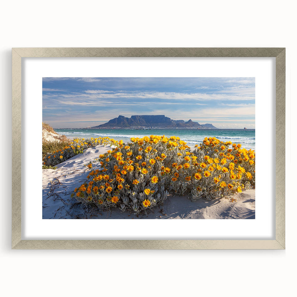 Textured abstract art print of African scenery in muted earth tones, framed in silver, ideal for bedroom art.