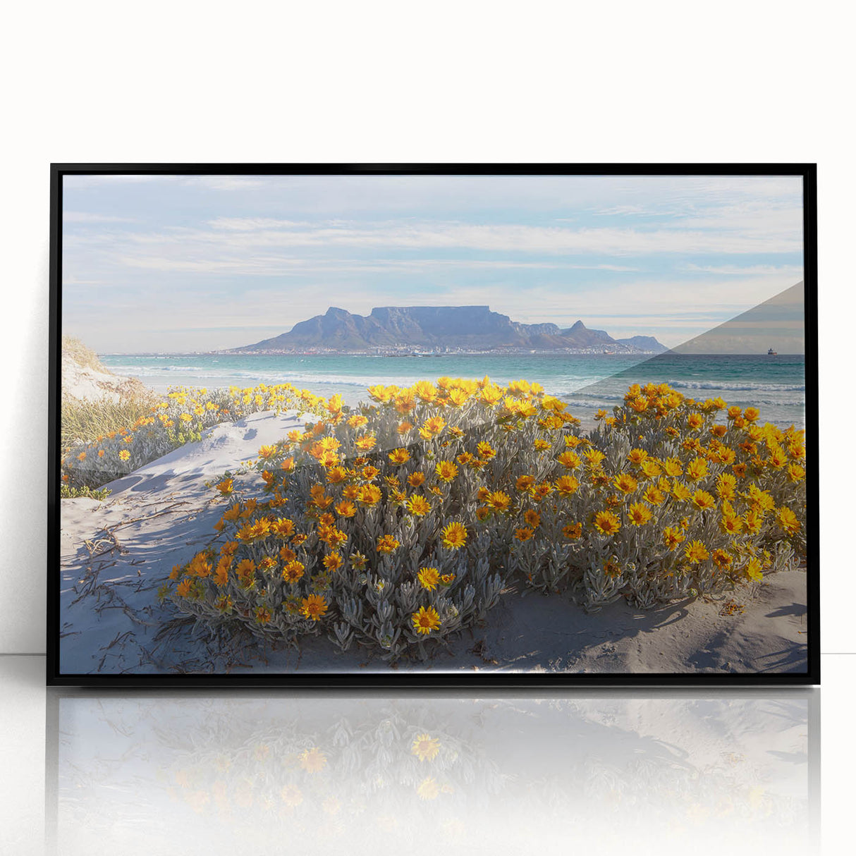 Large abstract wall art featuring a South African scenery in muted earth tones, framed in black acrylic.