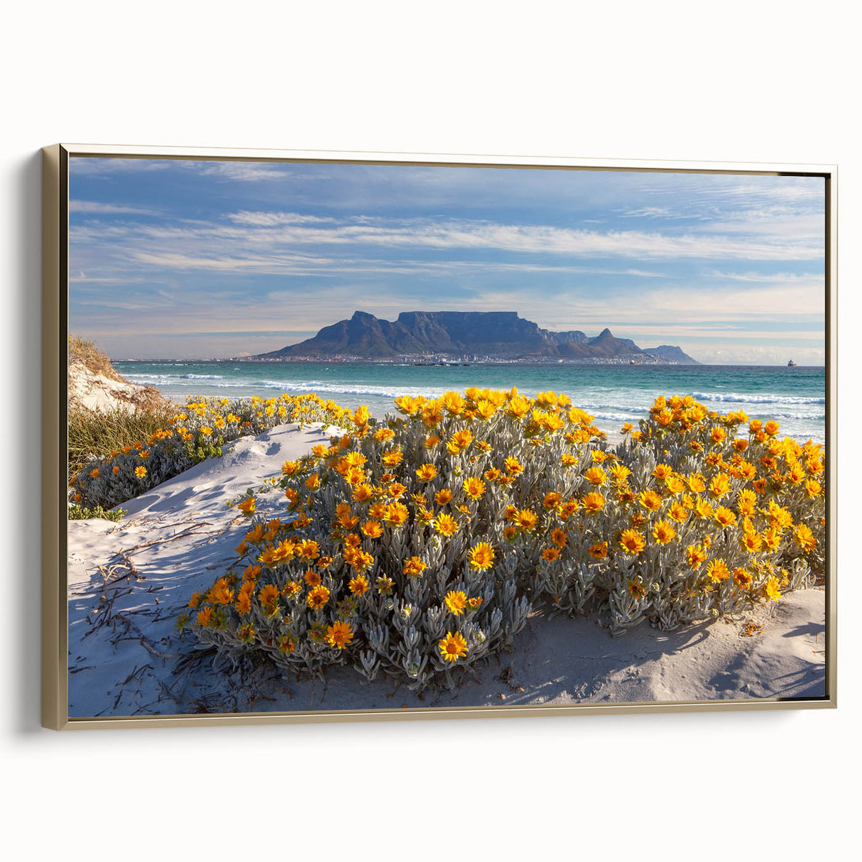 Framed canvas depicting a serene African landscape in muted gold and black tones, suitable for bedroom decor.
