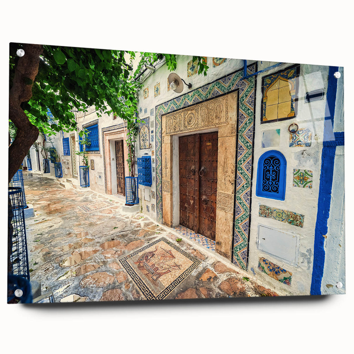 Acrylic print of a Tunisian landscape in earthy tones, ideal for dining room or bedroom decor.