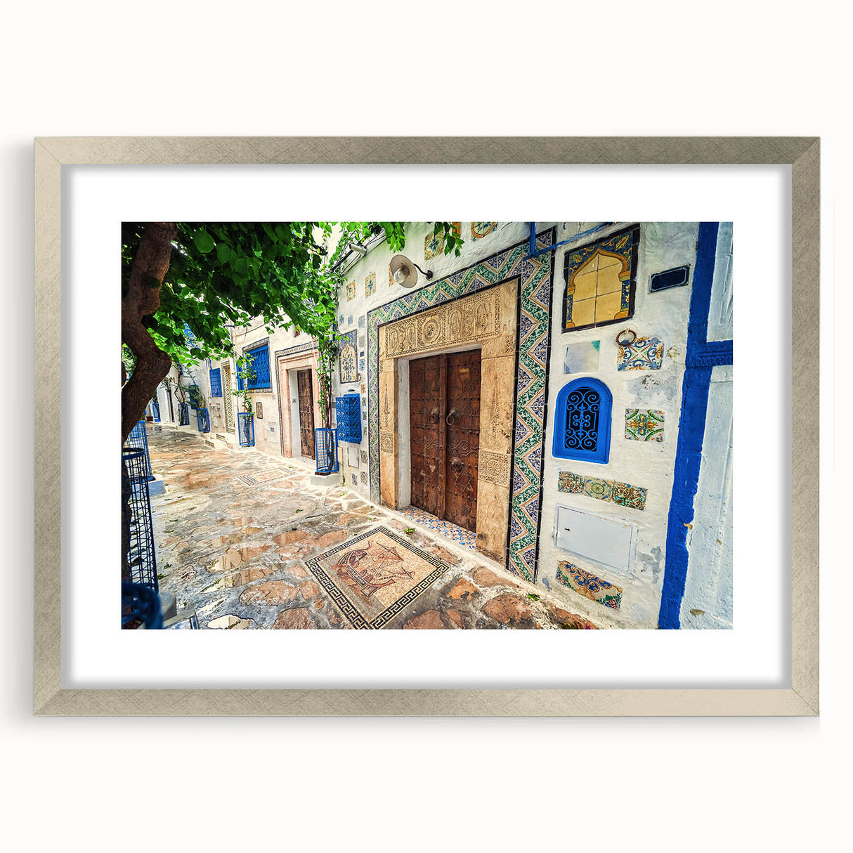 Textured abstract art print of a Tunisian landscape in muted earth tones on a framed canvas, suitable for bedroom decor.