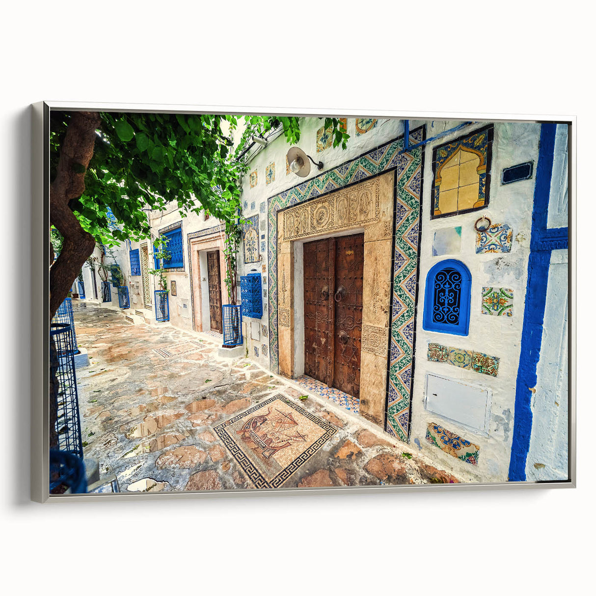 Landscape art painting of a Tunisian scenery on framed canvas, featuring vibrant colors and black vintage poster art accents.