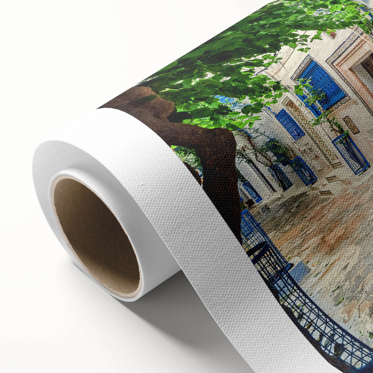 Art deco poster featuring a Tunisian landscape in muted earth tones on rolled canvas, ideal for nursery wall art.