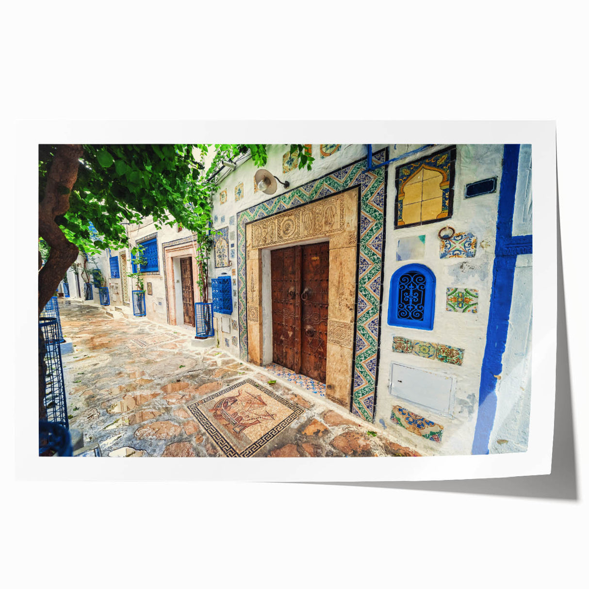 Tunisian landscape with floral motifs in earthy tones on an extra-large rolled canvas, ideal for dining room wall art.