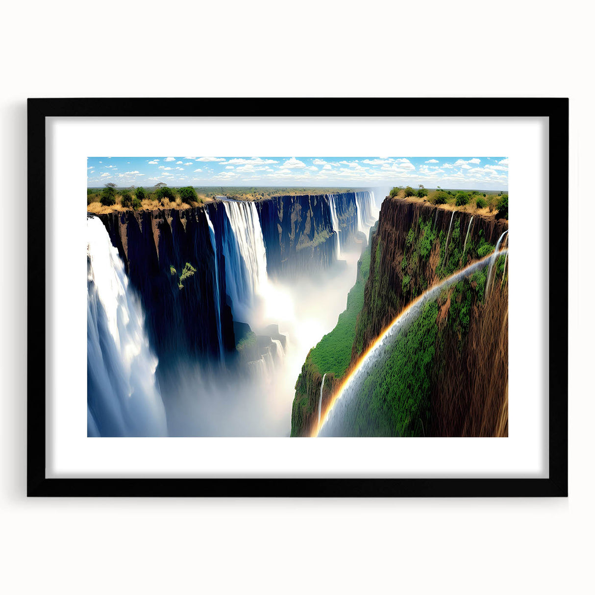 Extra large abstract art print of African scenery in vibrant colors on a textured canvas, framed in black.