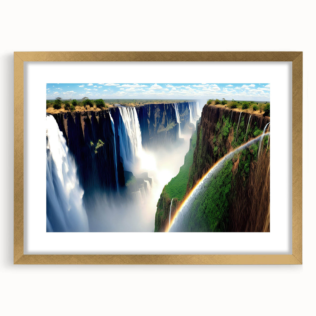 Extra large abstract art print of African scenery in a gold frame, featuring textured earth tones.