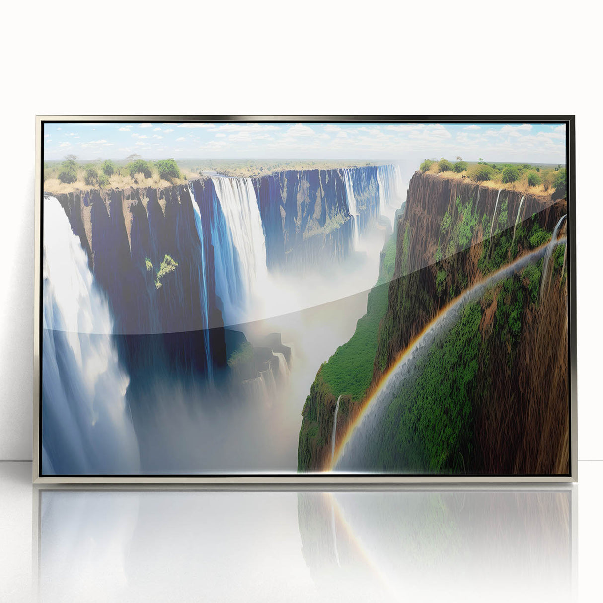 Mid-century modernist art depicting a serene Zambian landscape in muted earth tones on a silver-framed acrylic print.