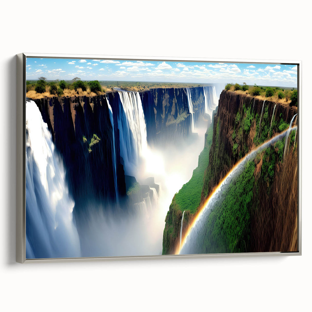 Framed canvas depicting a vibrant, colorful African landscape, ideal for adding a cultural touch to living spaces.