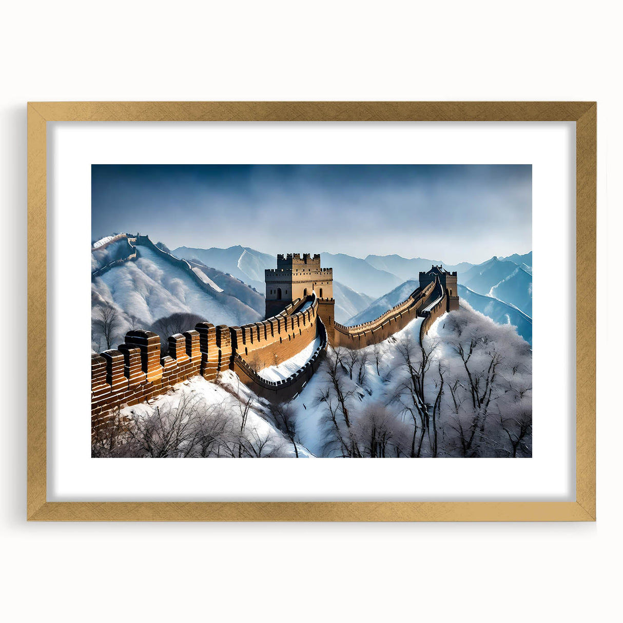 Extra large wall art of the Great Wall of China in textured abstract style, using muted earth tones, framed in gold.
