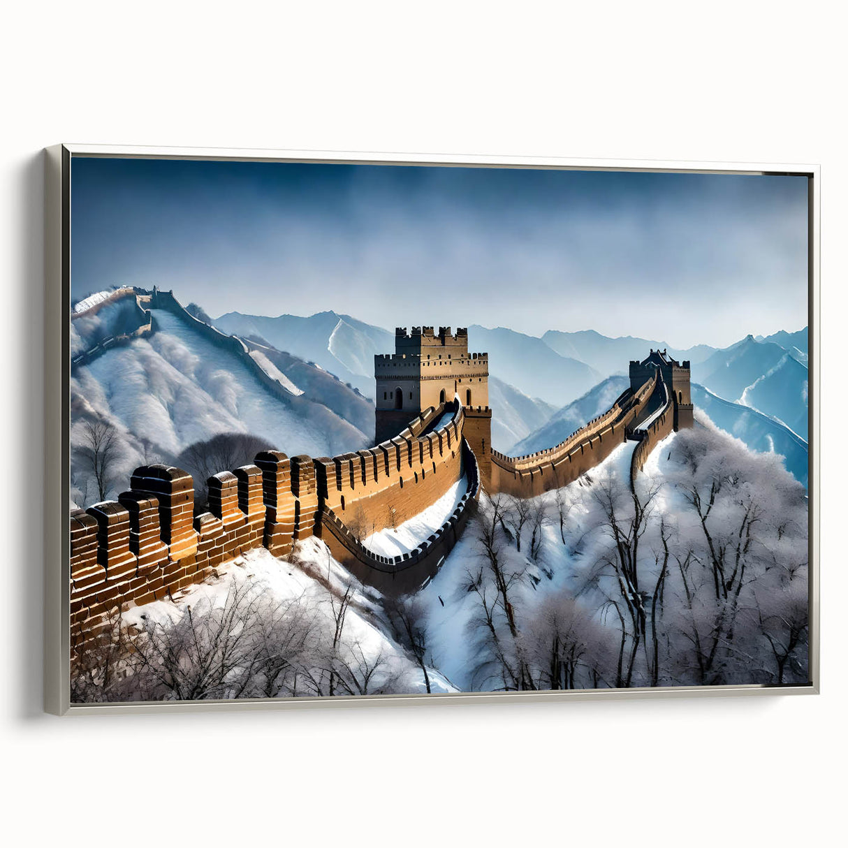 Framed canvas featuring a vintage-style landscape painting of the Great Wall of China in muted earth tones.